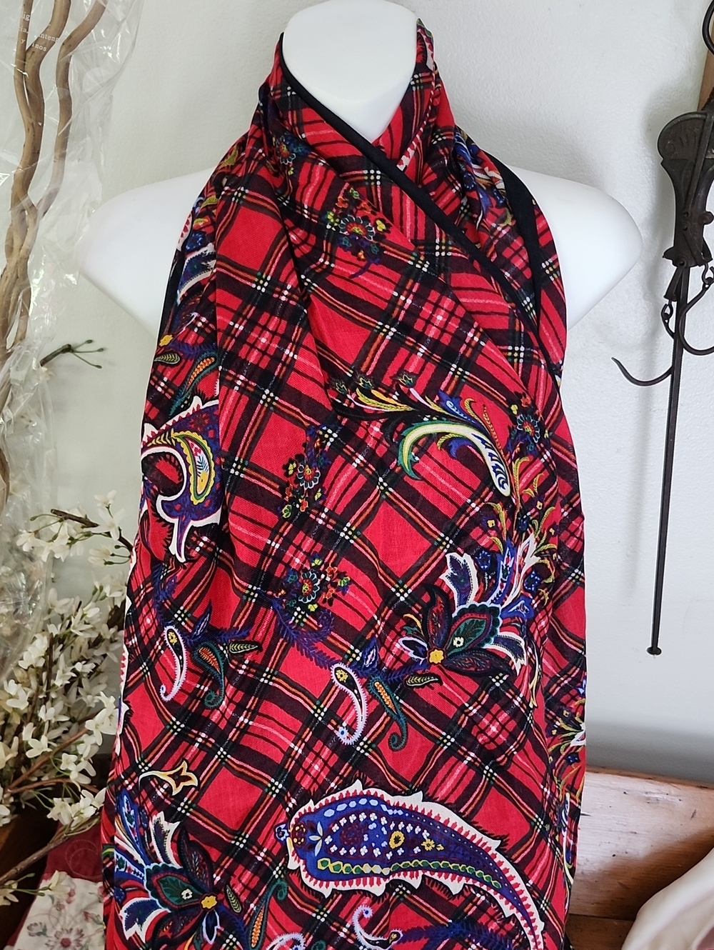 Talbots Red Plaid Paisley Oversized Wrap/Scarf